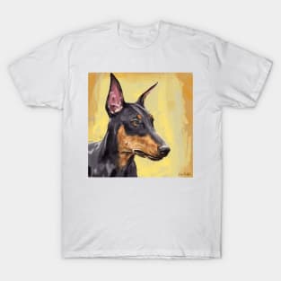 Painting of a Black and Gold Doberman on Orange an Yellow Background T-Shirt